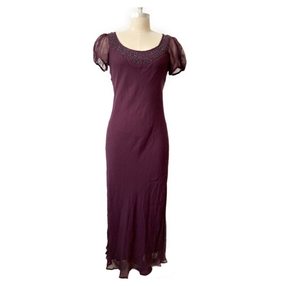 Bias Cut Plum Chiffon Beaded Dress